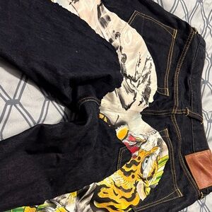 Evisu Black Slim Straight Jeans with Yellow, White & Green Graphic